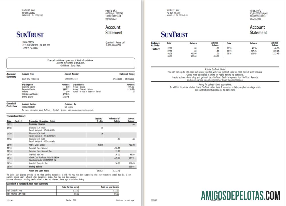 Extrato de conta bancária realista dos EUA Suntrust, modelo Word e PDF, 2 páginas Scr